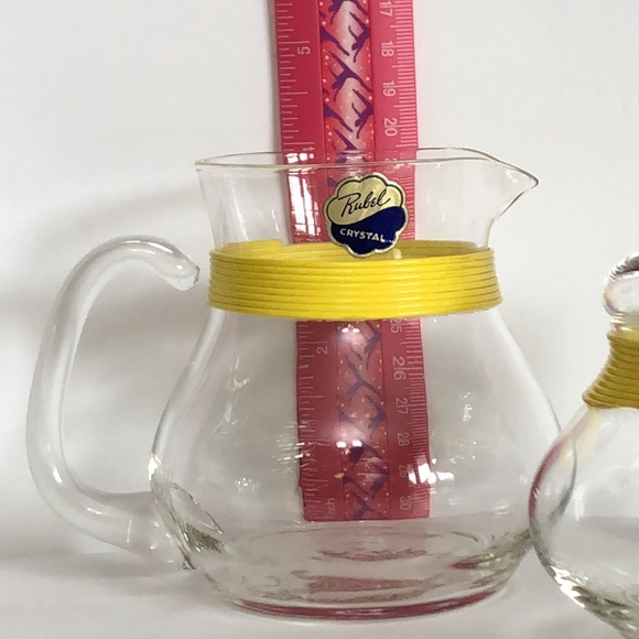 Vintage Rubel Crystal Retro Sugar Creamer Yellow Banding Trim And Wood Beads - Picture 14 of 15
